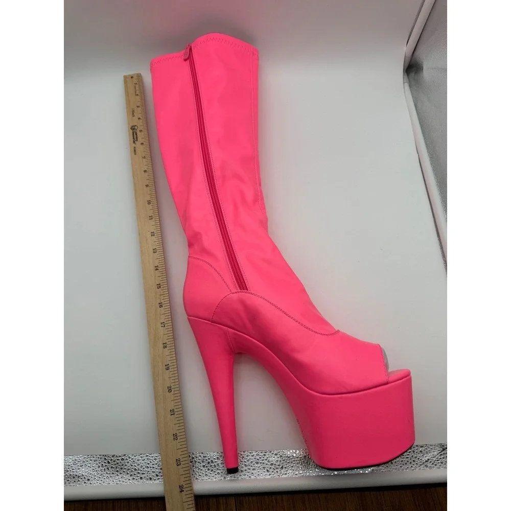 Ellie Neon Pink Peep Toe Platform Boots Knee High Stiletto Heel 11
